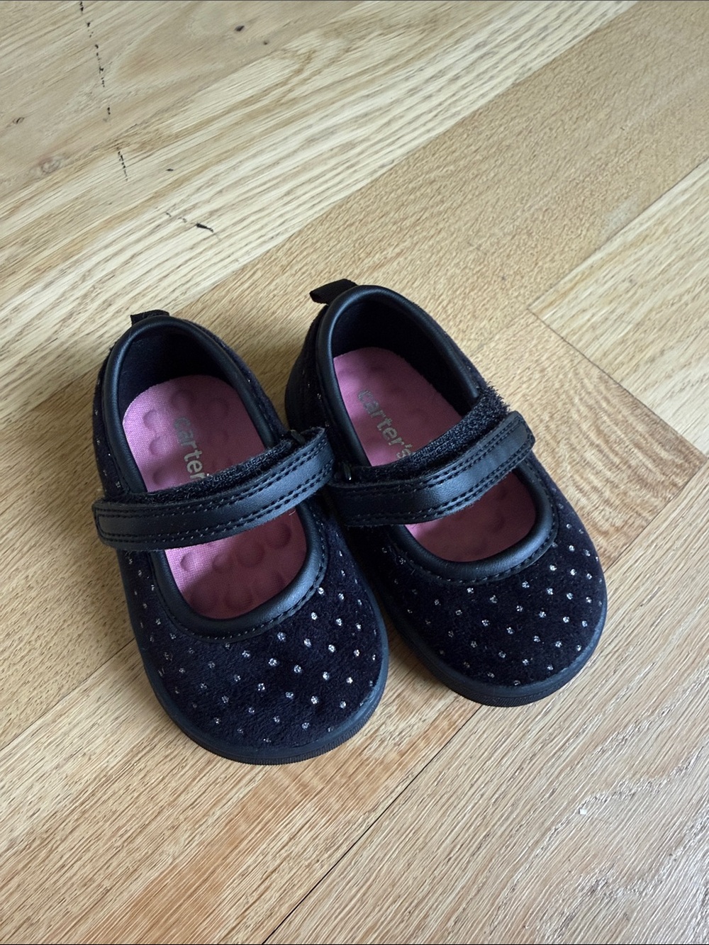 Stride Rite Black Velvet Mary Janes with Pink Insole and Silver Studs